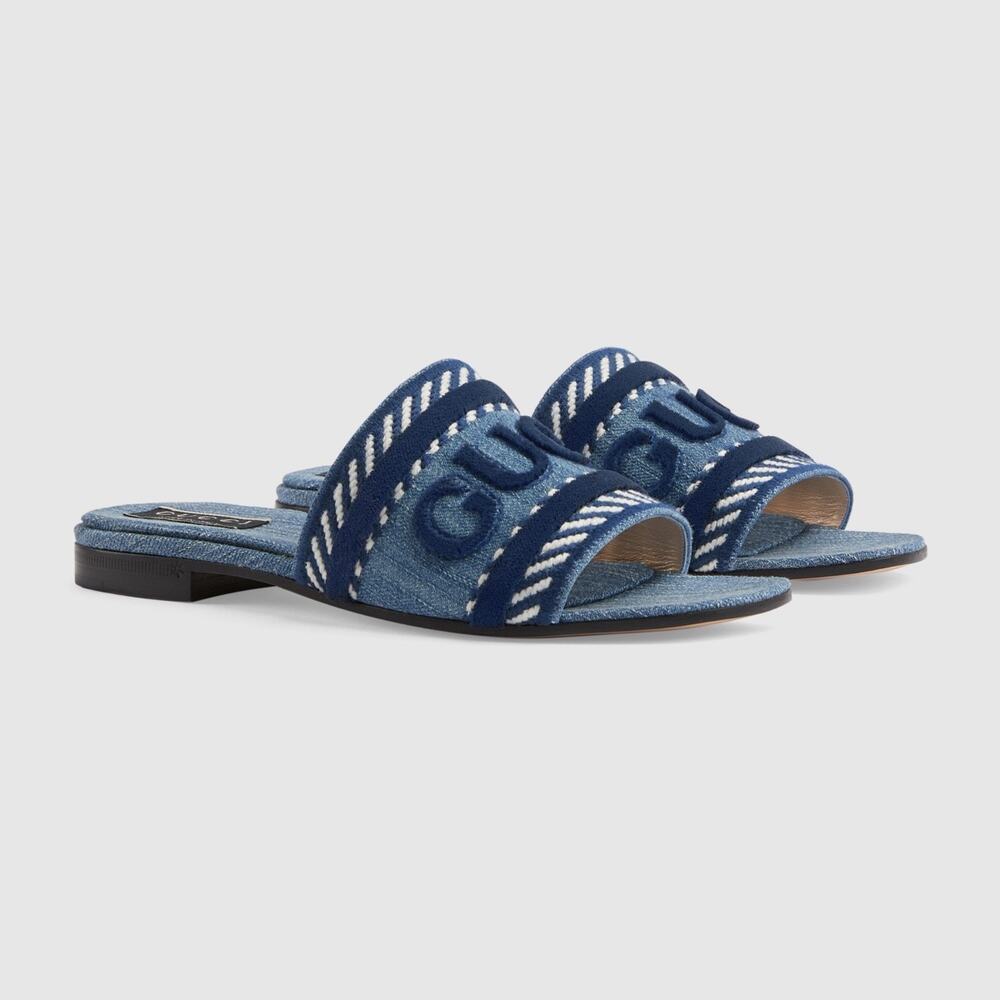 Gucci Jane Light Blue Denim Velvet Logo Mule Flat Slide Slip On Sandal 37 - Picture 3 of 16